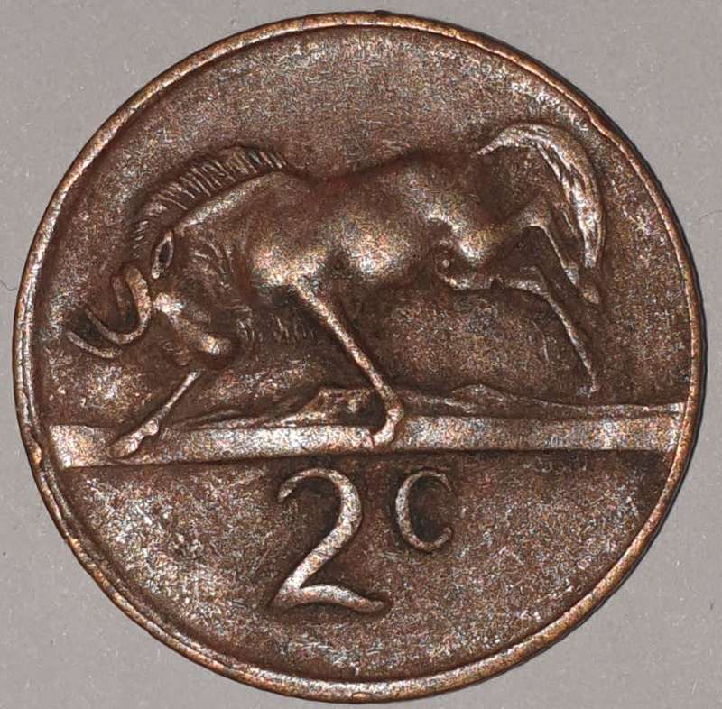 1980 - 2 CENT COIN (TWO CENT COIN) - RSA - BRONZE - KM#83 - BILINGUAL LEGEND - WILDEBEEST